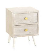 MESITA 2 CAJONES CHAPADO EN FRESNO PATINADO BLANCO, TIRADOR ORO