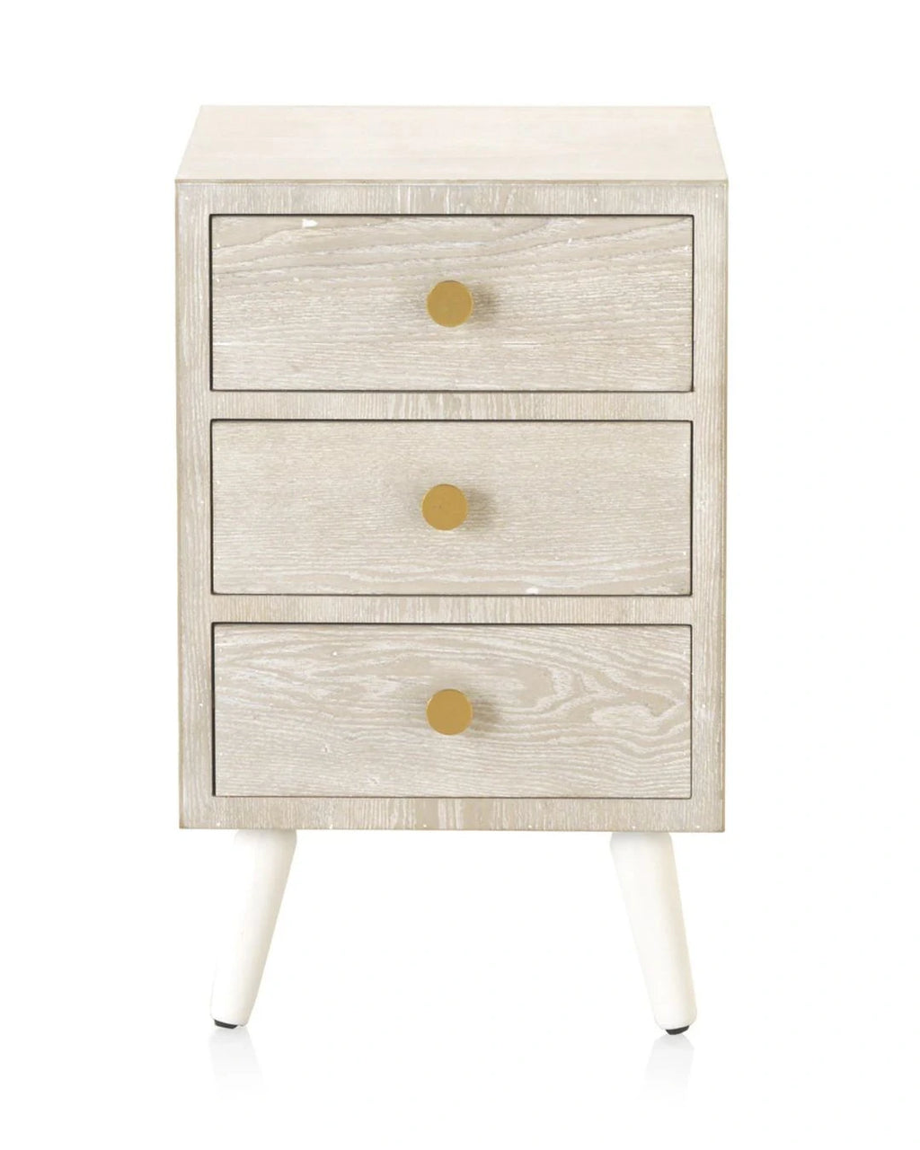 MESITA 3 CAJONES CHAPADO EN FRESNO PATINADO BLANCO, TIRADOR ORO