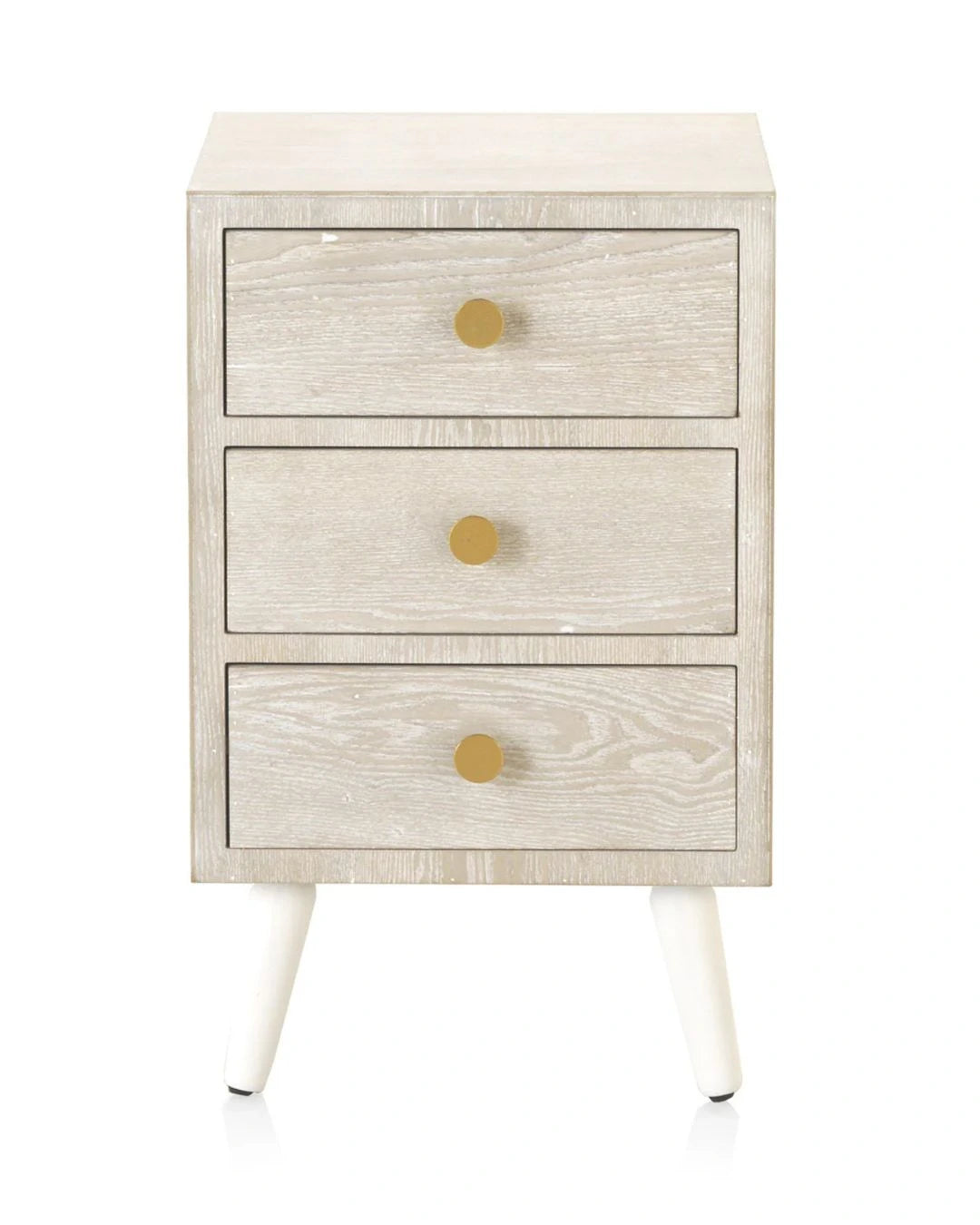 MESITA 3 CAJONES CHAPADO EN FRESNO PATINADO BLANCO, TIRADOR ORO