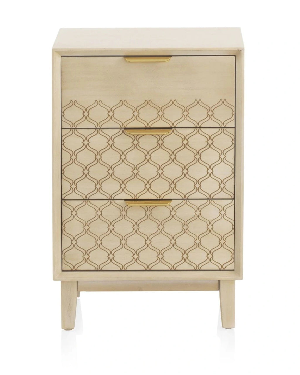 MESITA DE NOCHE 3 CAJONES CHAPADO EN ROBLE ACABADO EN MARFIL