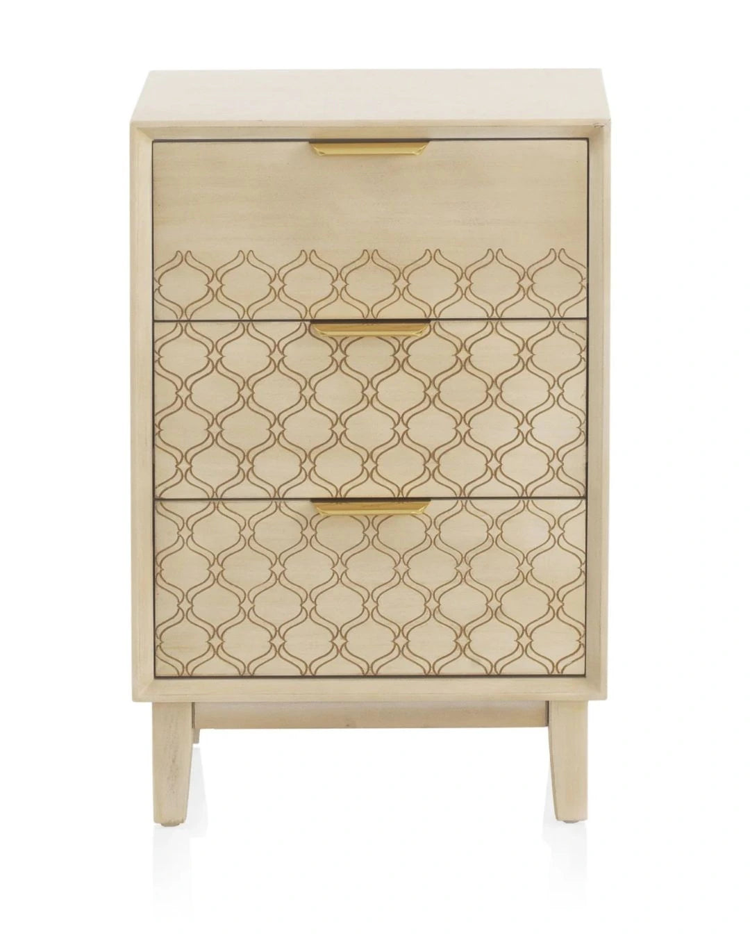 MESITA DE NOCHE 3 CAJONES CHAPADO EN ROBLE ACABADO EN MARFIL