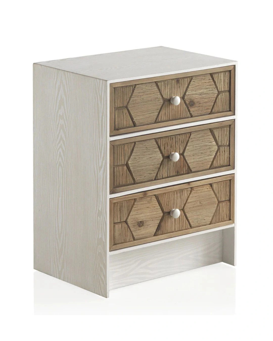 MESITA DE NOCHE 3 CAJONES MADERA DE FRESNO PATINADO BLANCO