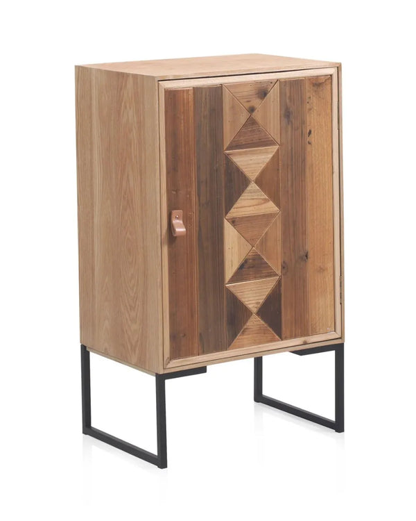 Mesita de noche de madera reciclada con 1 puerta y base metálica 49x35x85 cm