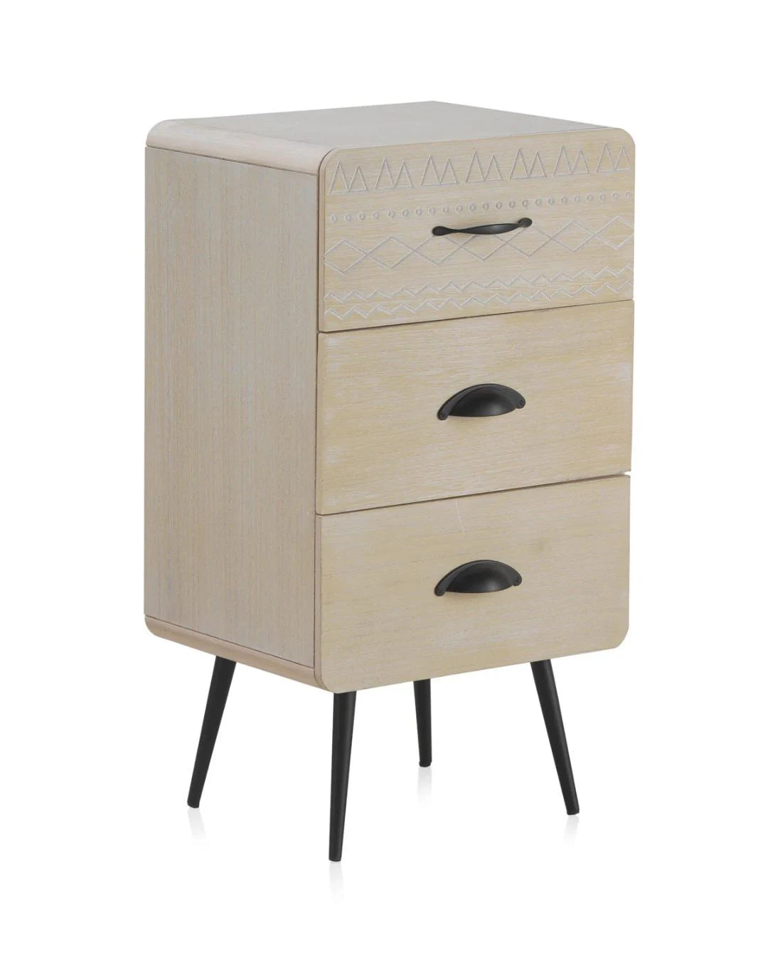 MESITA MADERA NATURAL 3 CAJONES PATAS METALICAS NEGRAS