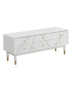 MUEBLE TV 6 CAJONES LACADO EN BLANCO CON FRONTIS DECORADO EN ORO