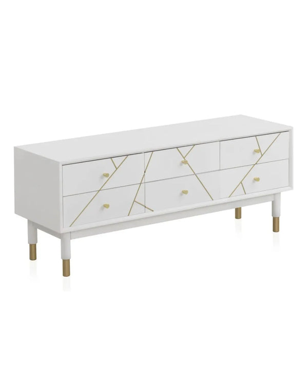 Moble de TV de 6 calaixos lacat en blanc amb frontal daurat 120x40x50 cm
