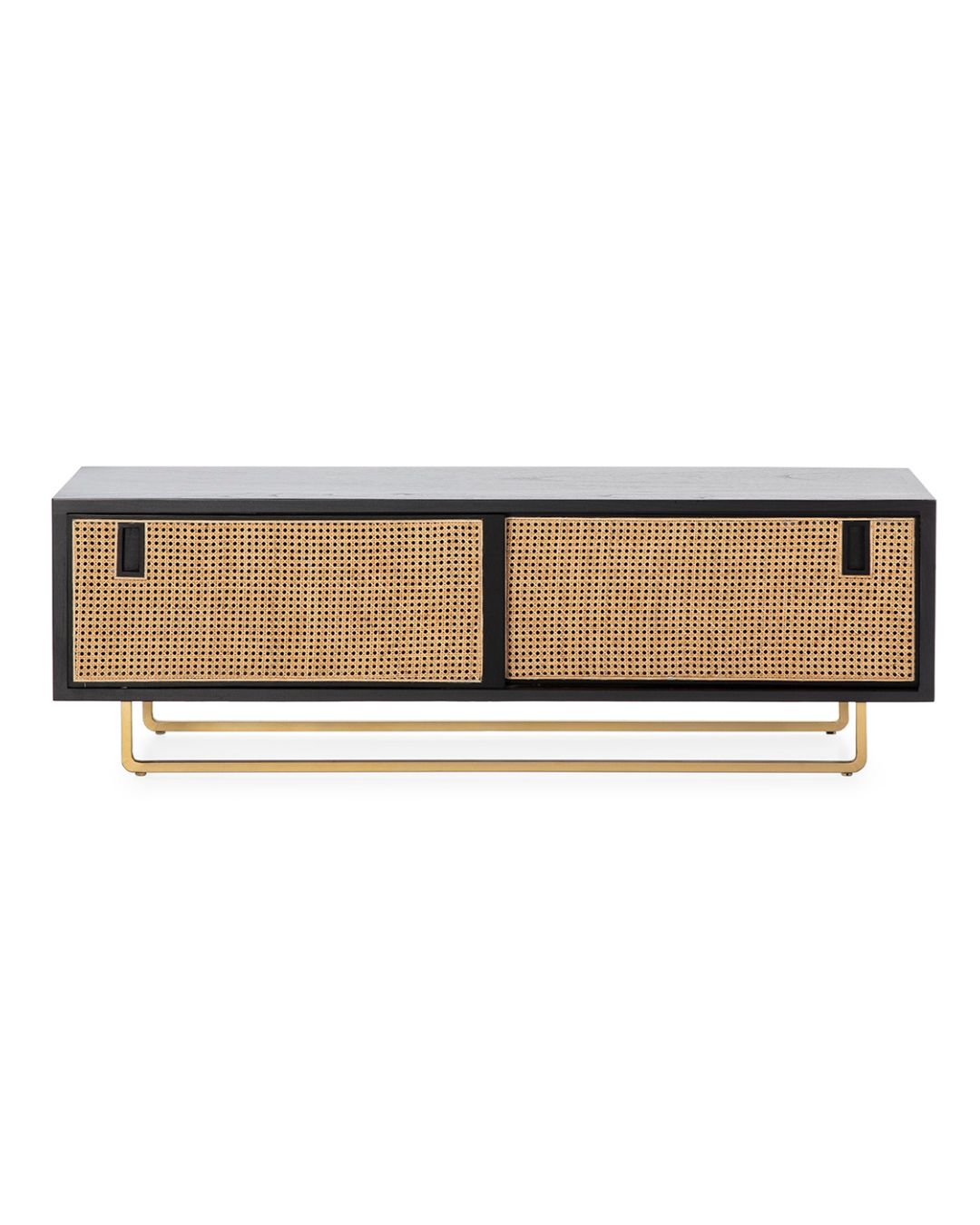 MUEBLE TV 160x42x52 MADERA NEGRO/RATAN NATURAL/METAL DORADO