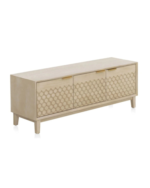 Moble de TV de 3 portes xapat de roure acabat marfil 135x40x50 cm