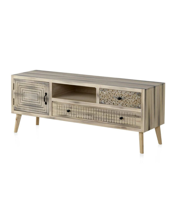 Moble de TV de fusta d'àlber natural amb potes de pi massís 140x40x55 cm