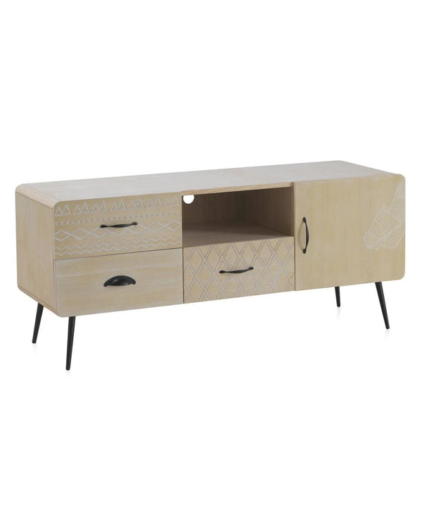 Moble de TV de fusta natural amb potes metàl·liques negres 120x40x52 cm