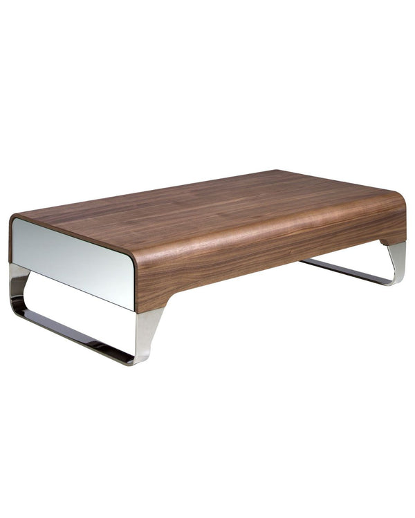 Taula de centre rectangular de noguera i acer cromat 120x70x34 cm, amb calaixos