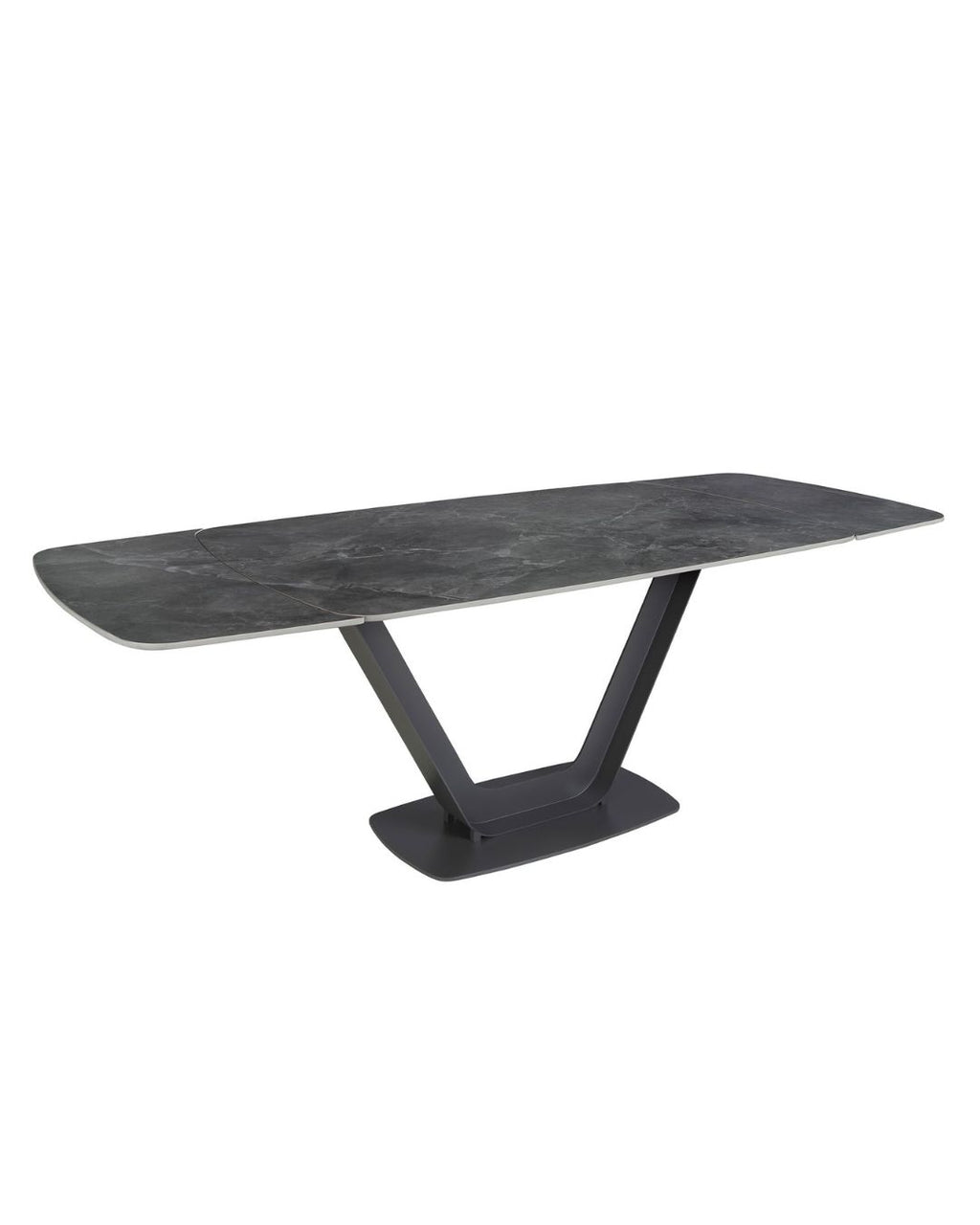 Mesa comedor extensible ovalada barril mármol porcelánico y acero negro