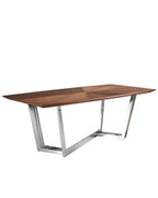 Mesa comedor ovalada barril nogal y acero cromado