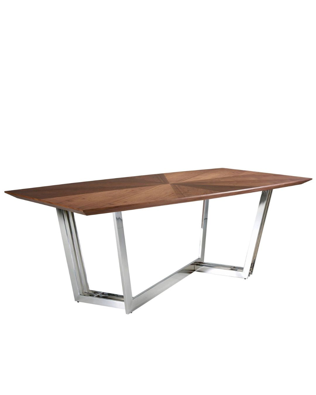 Mesa comedor ovalada barril nogal y acero cromado