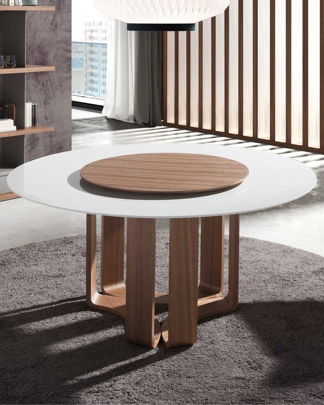 Mesa comedor redonda mármol porcelánico y nogal