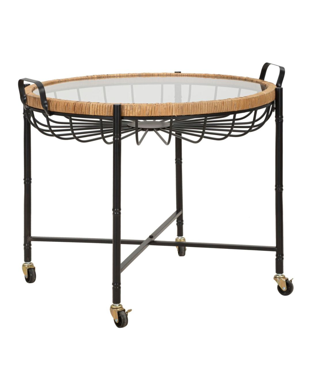 Mesa de centro de hierro, madera y cristal, negra y marrón, 70,5 x 65 x 57 cm