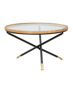 Mesa de centro de hierro, madera y cristal negro y marrón, Ø 80 x 46,5 cm.