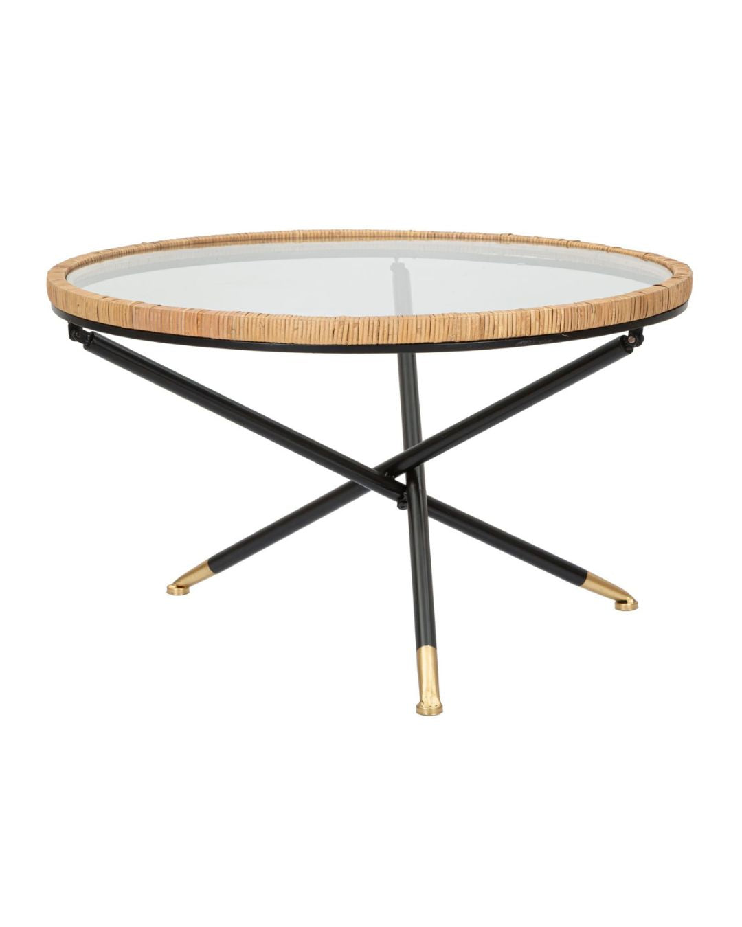 Mesa de centro de hierro, madera y cristal negro y marrón, Ø 80 x 46,5 cm.