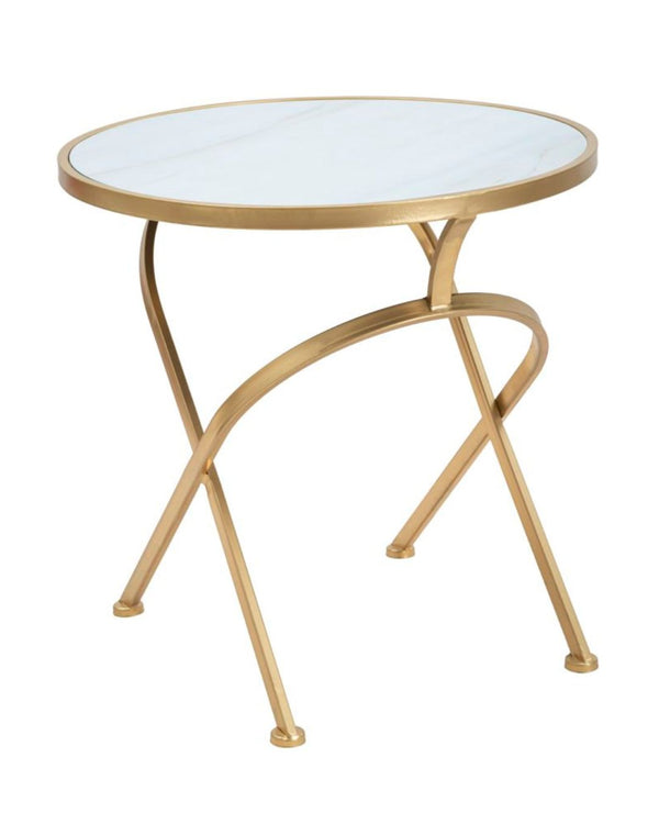 Mesa de centro de metal dorado con tablero de cristal blanco Ø 50,5x50 cm