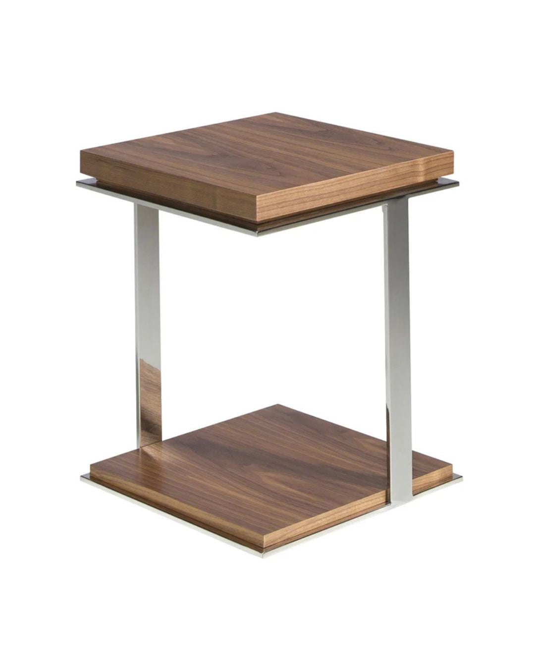 Mesa rincón cuadrada nogal y acero cromado