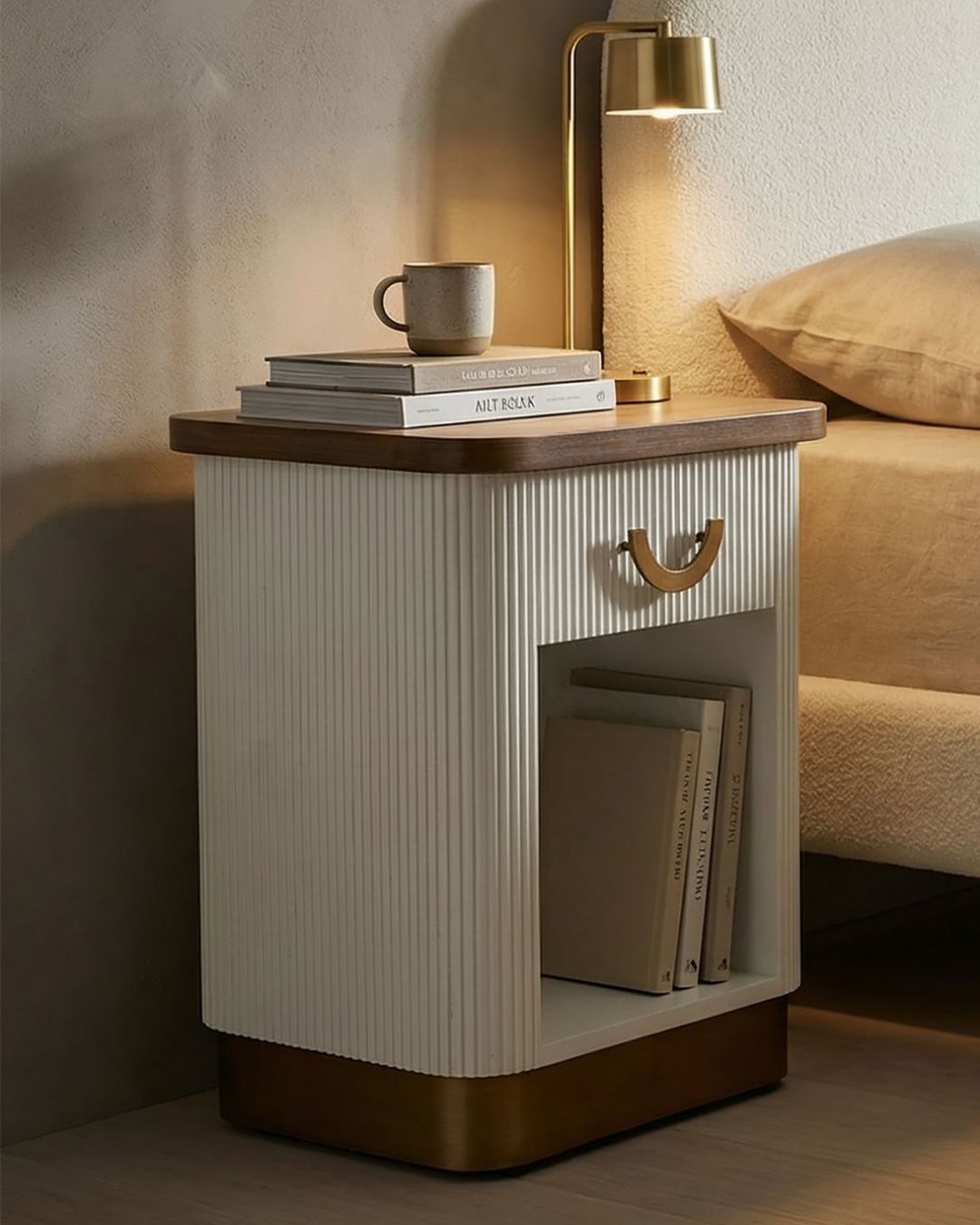 Mesita de noche de madera blanca y marrón de 48x40x62 cm.