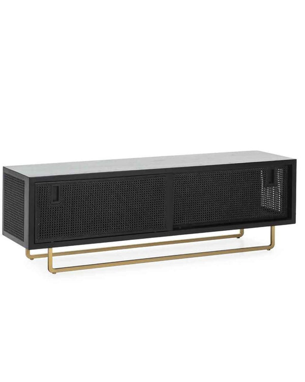 Moble de TV 160x42x52 cm de fusta, rotàng i metall negre i daurat