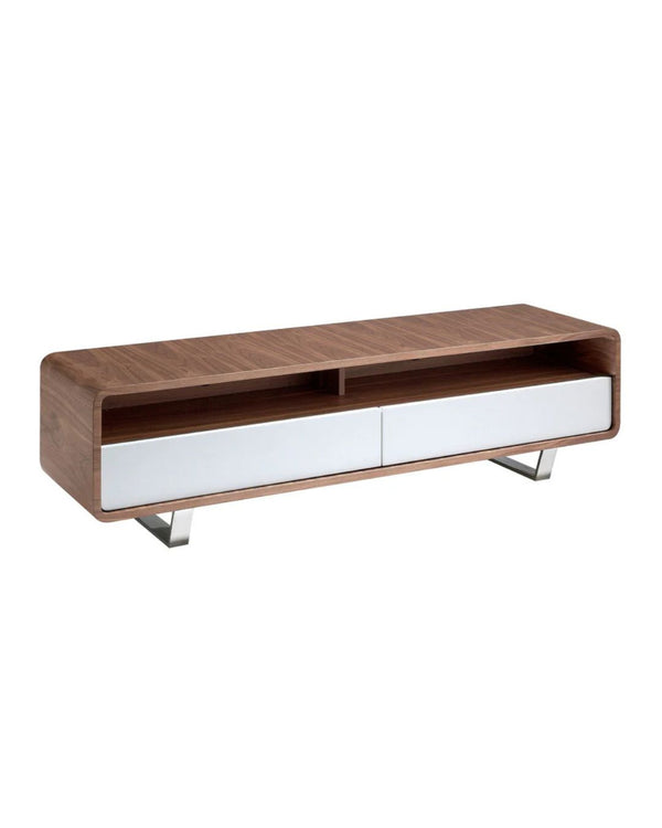 Mueble de TV de madera blanca, nogal y acero cromado 150x40x40 cm