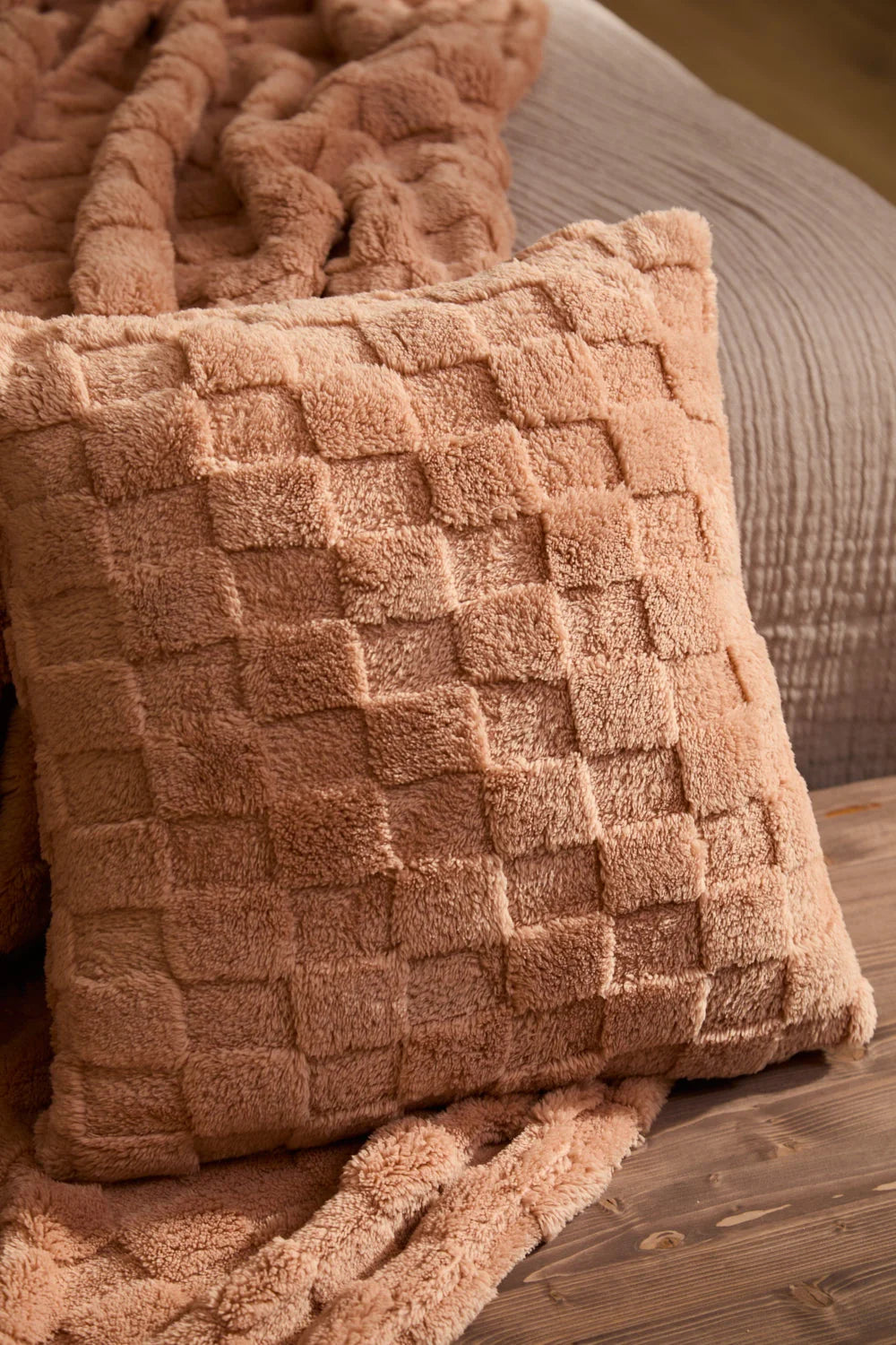 Funda de cojín de poliéster rosa Damero