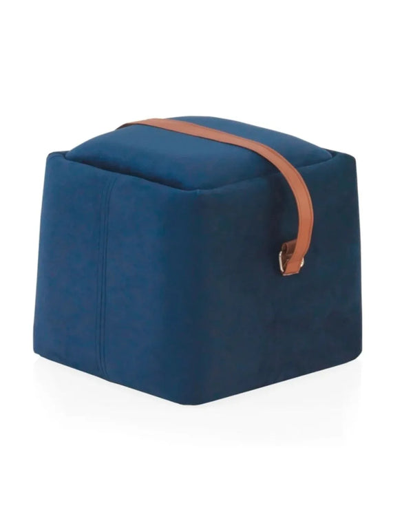 Puf entapissat de vellut blau amb nansa d'imitació de pell 33x33x30 cm