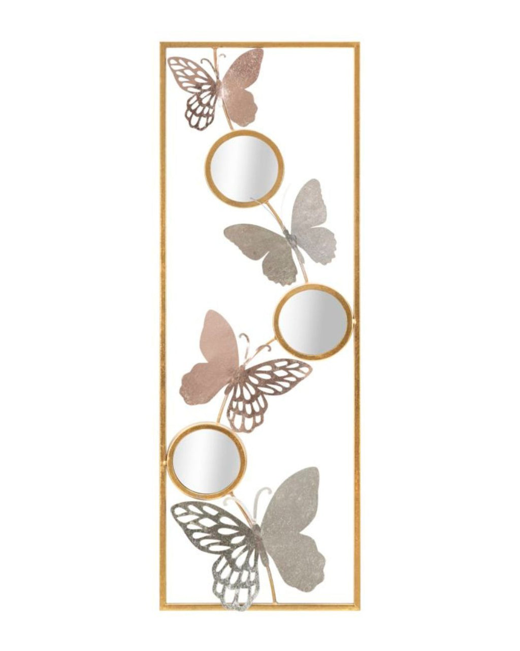 Panel decorativo 3D con mariposas y espejos en metal dorado, 31 x 2 x 90 cm
