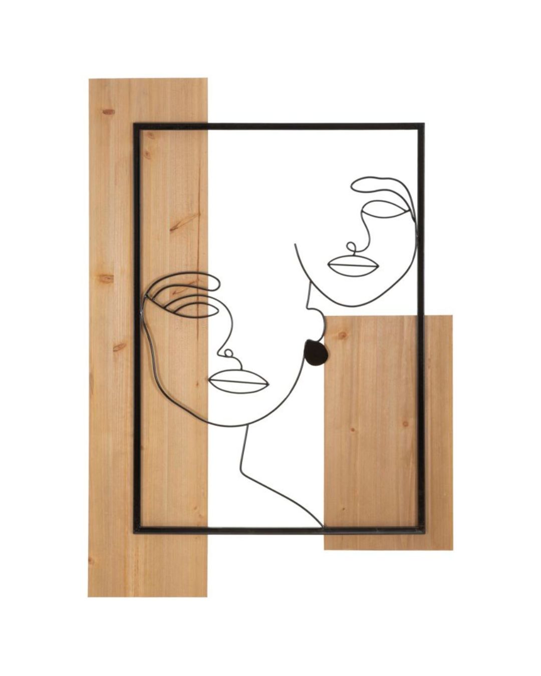 Panel decorativo 3D en metal negro, madera marrón, caras, 63x2x90 cm