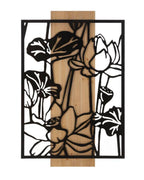 Panel decorativo 3D en metal negro, madera marrón, flor, 60x2x90 cm