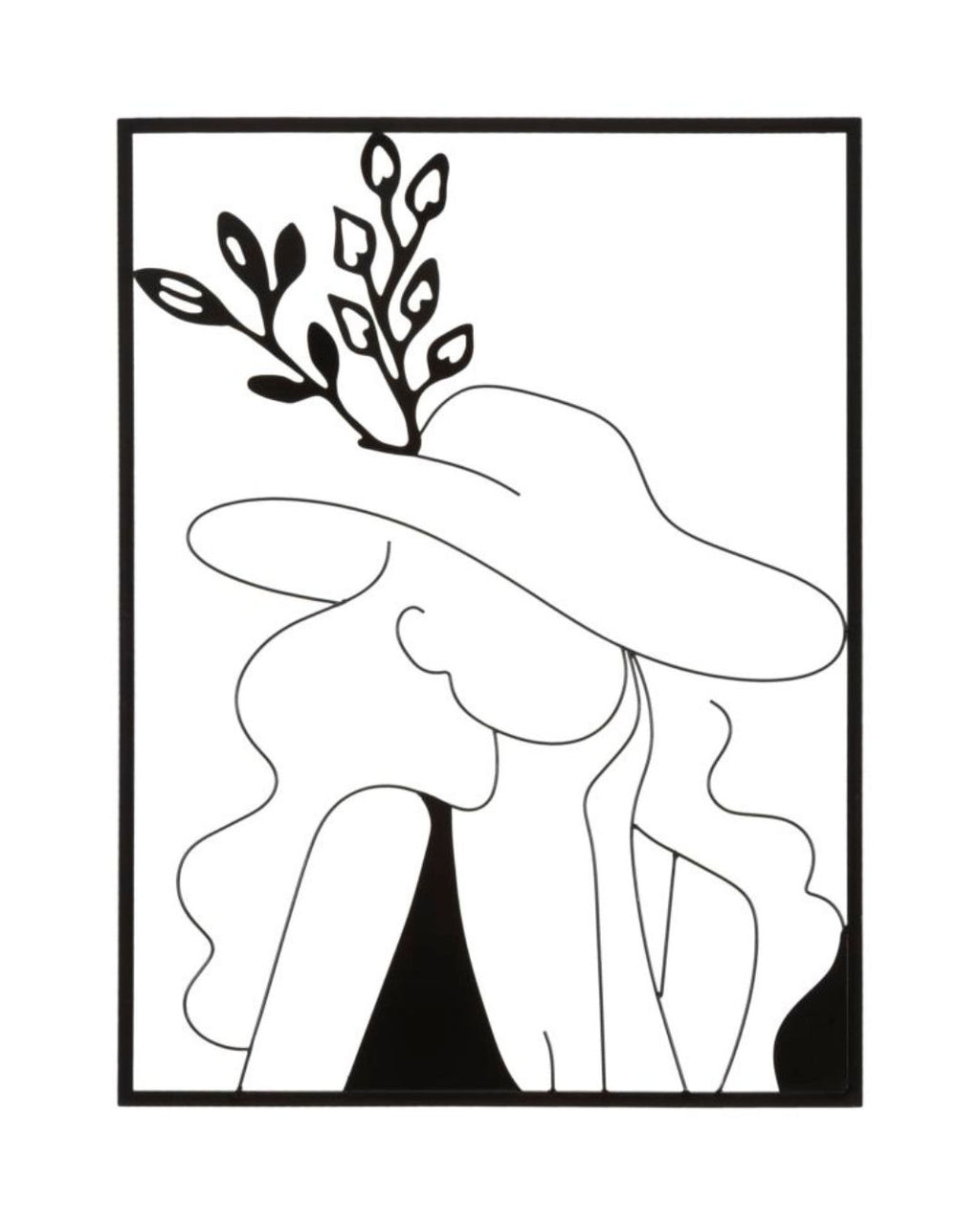 Panel decorativo 3D en metal negro, mujer con sombrero, 60x1x80 cm