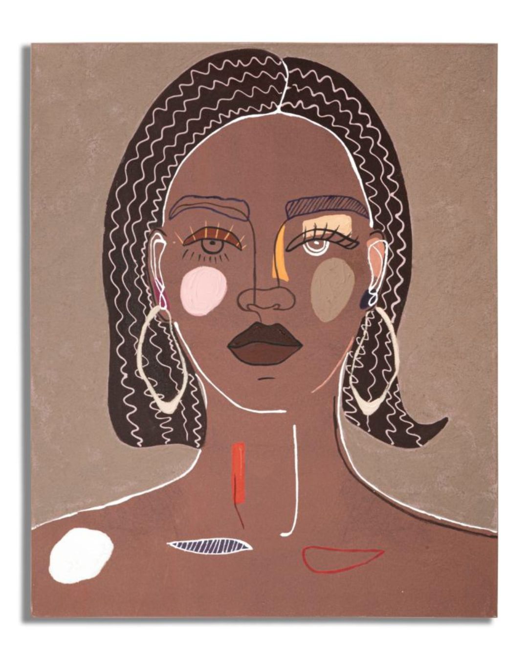 Pintura facial multicolor sobre lienzo, 80 x 2,8 x 100 cm