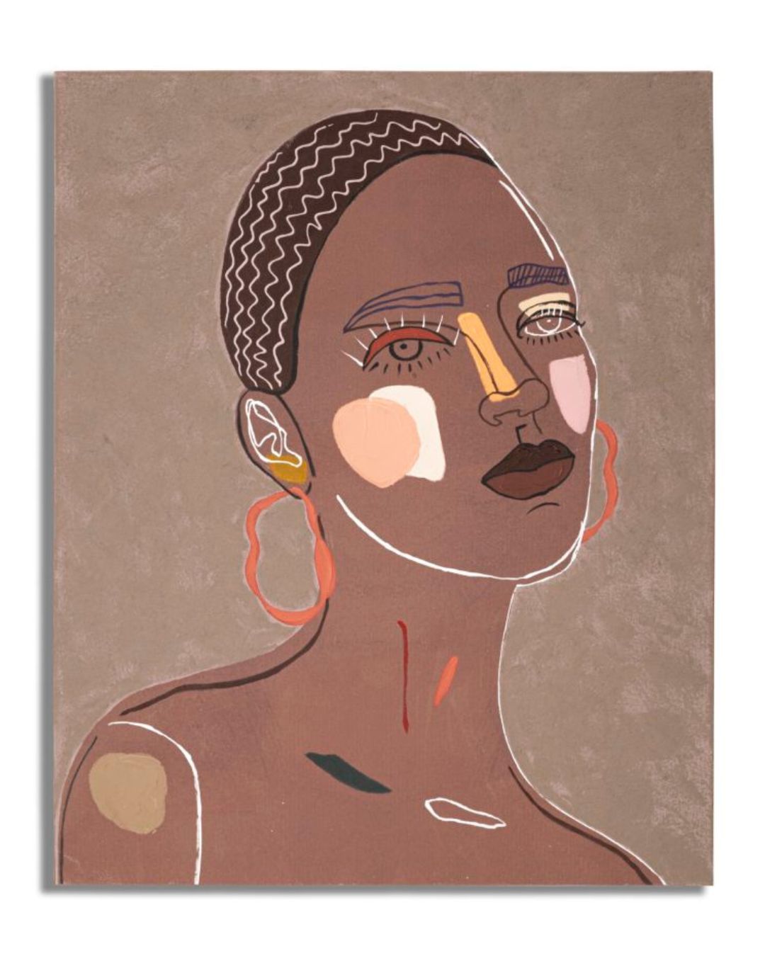 Pintura facial multicolor sobre lienzo, 80 x 2,8 x 100 cm