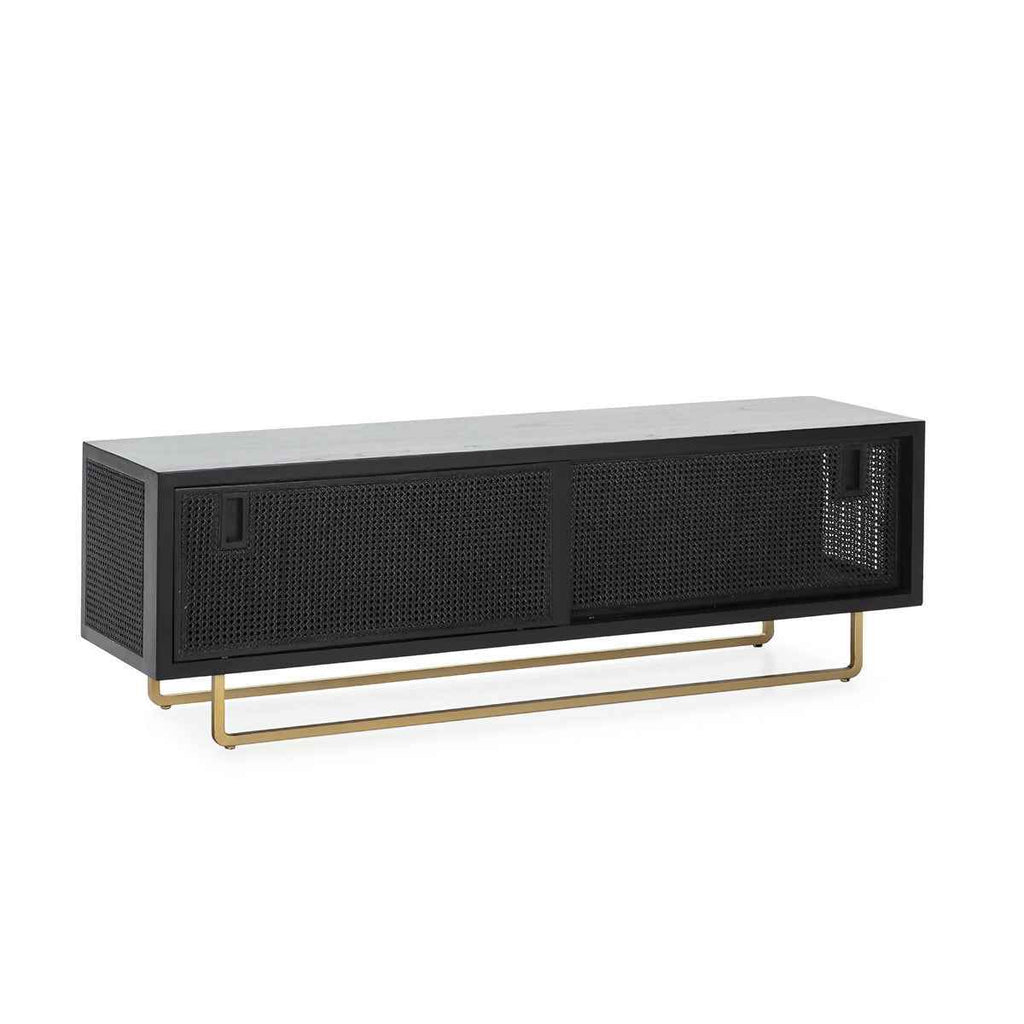 Mueble TV 160x42x52 Madera/Ratán/Metal Negro/Dorado