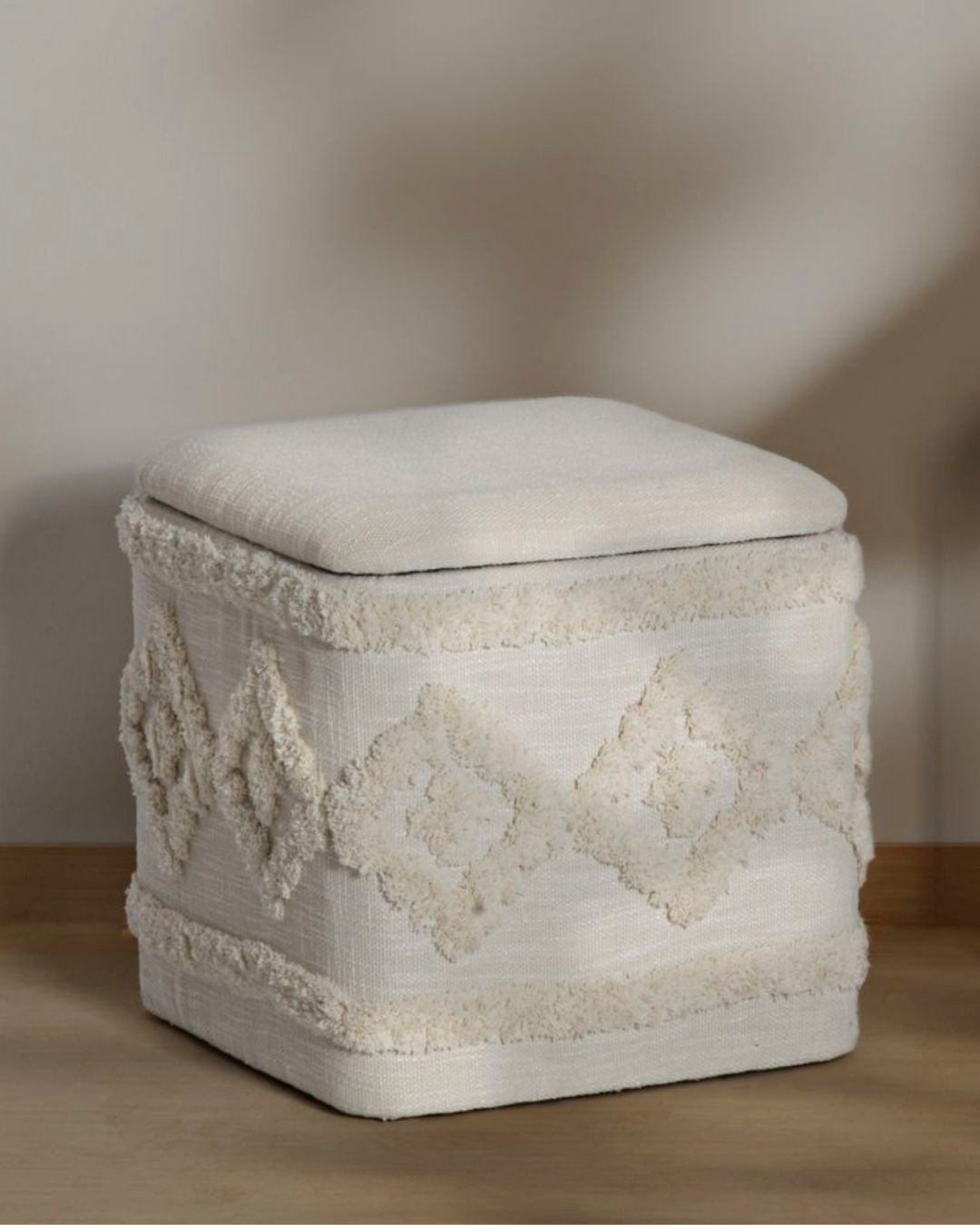 Puf cuadrado de almacenamiento en tela beige, 40x40x40 cm