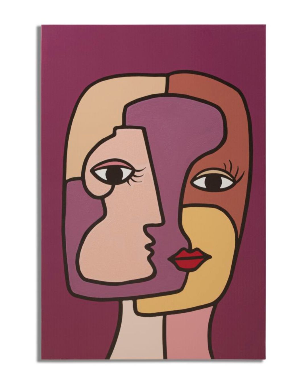 Rostro cubista multicolor pintado sobre lienzo, 60x3x90 cm