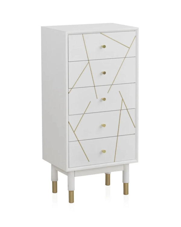 Xinfonier de 5 calaixos lacat en blanc amb frontal decorat en or 47x35x100 cm
