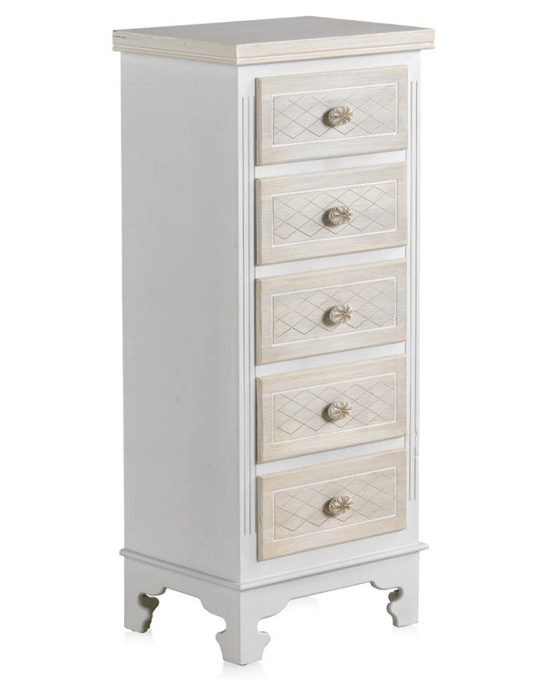 Sinfonier de 5 cajones de madera blanca con frontis crema 40x30x96 cm