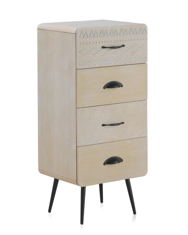 Xinfonier de fusta natural amb 4 calaixos i potes metàl·liques negres 37x30x82 cm