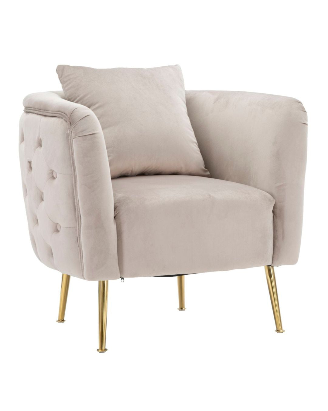 Sillón de tela gris con patas doradas, 76x74x71 cm