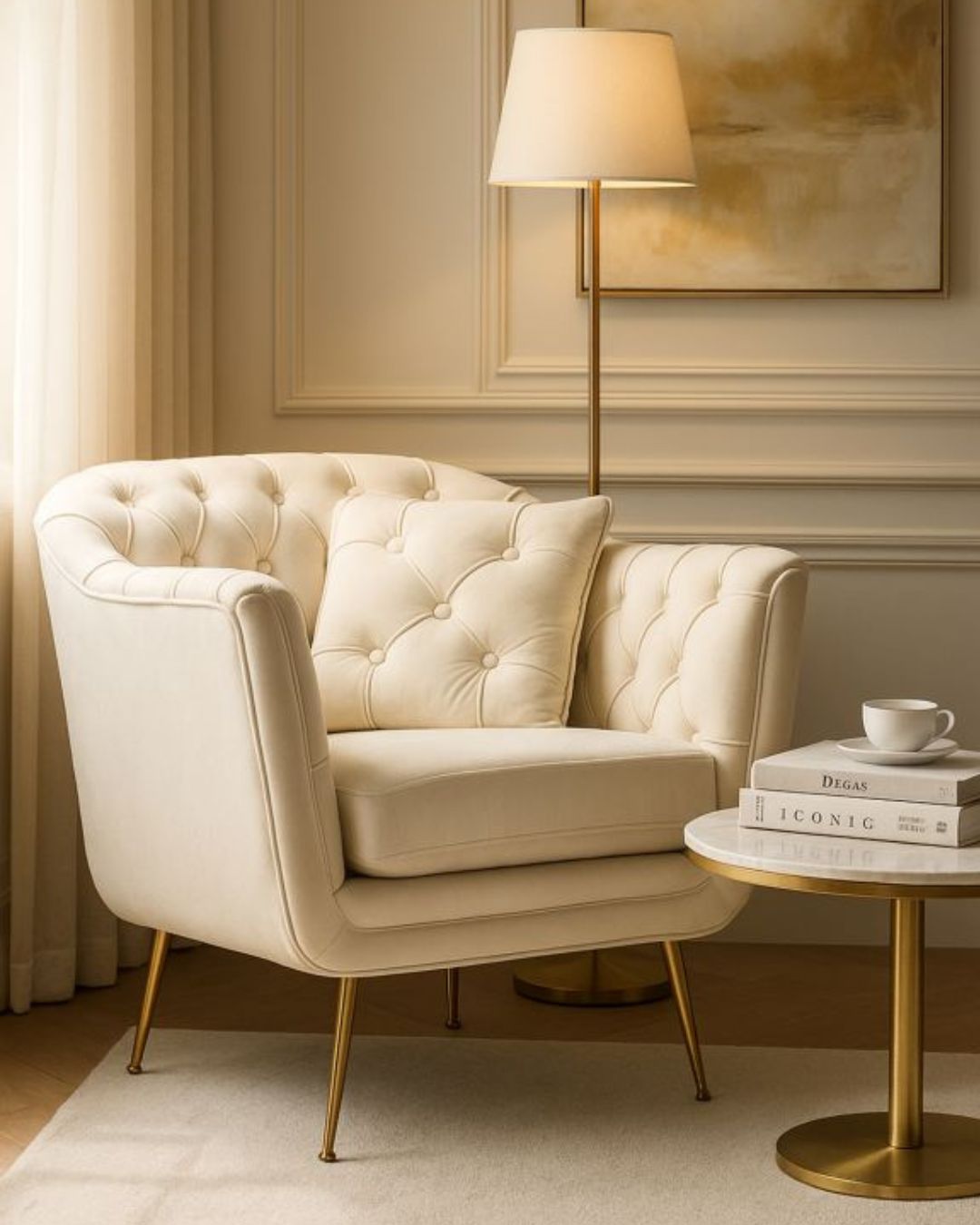Sillón de tela y metal color crema con cojín.