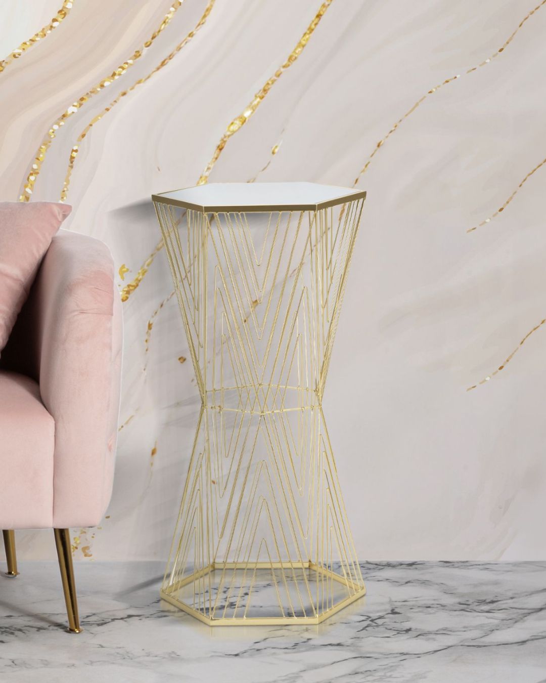 Soporte para teléfono de metal chapado en oro con espejo, 40x35x80 cm