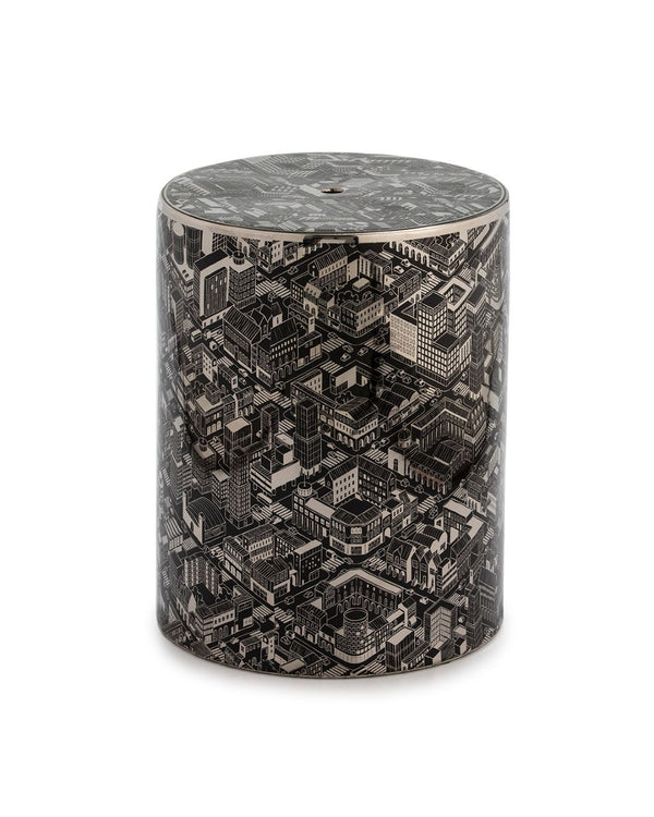 Tamboret 33x33x45 cm de ceràmica negra amb detalls platejats