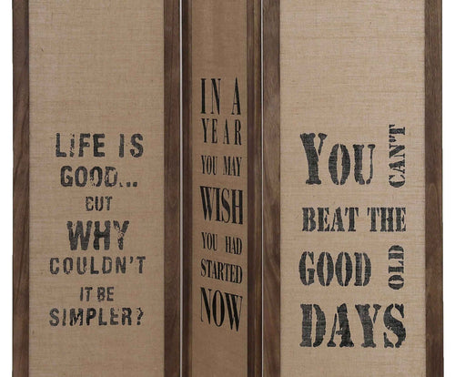 Detalle de las frases decorativas del biombo marrón