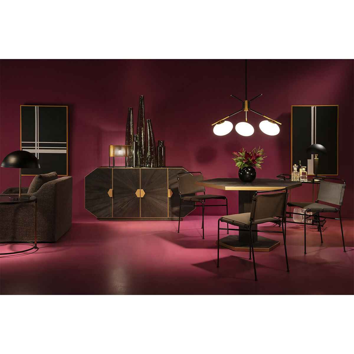 Mesa Comedor 135x117x78 Madera de Pino reciclado/Metal Gris Ceniza/Dorado