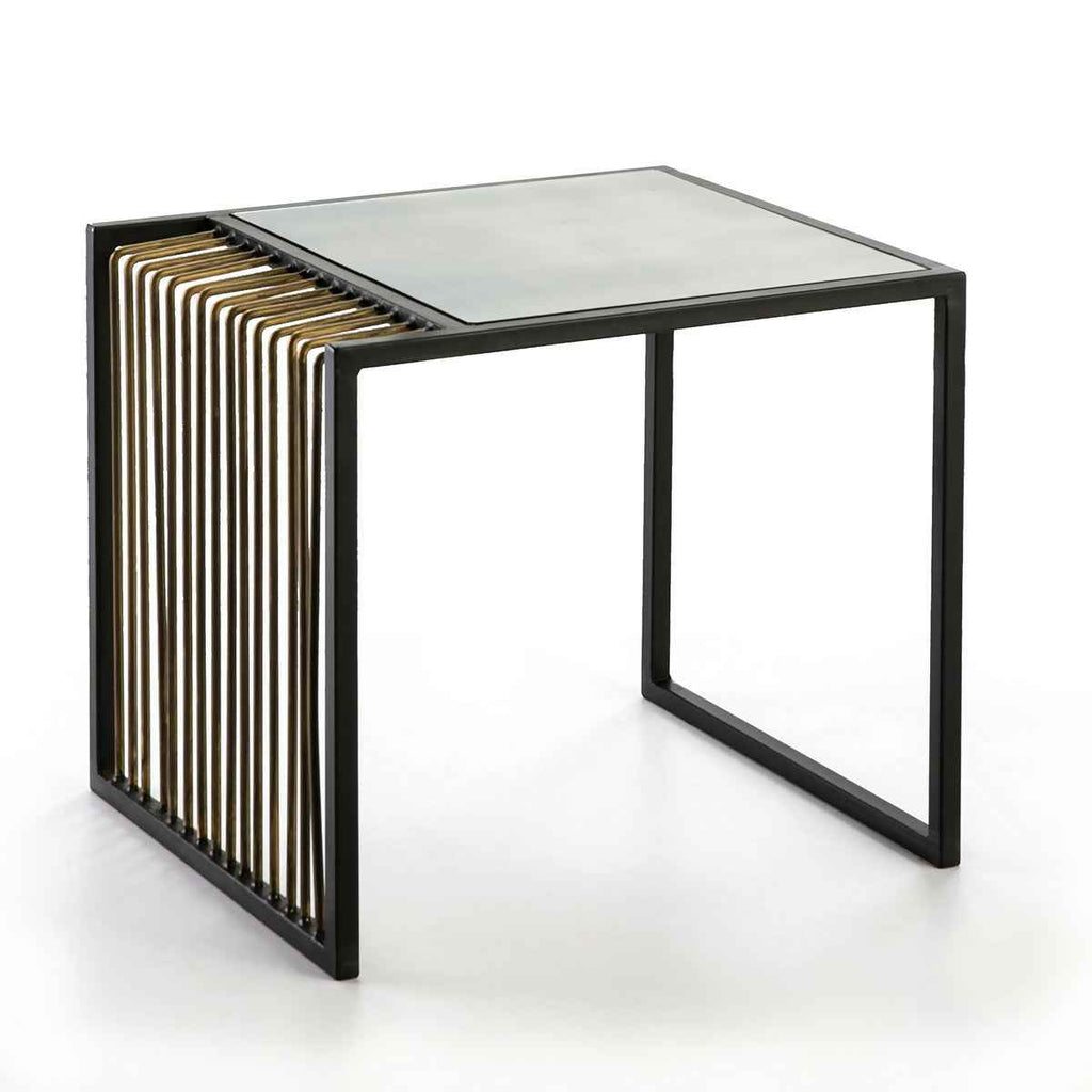 Mesa Auxiliar 56x48x51 Espejo Envejecido/Metal Dorado/Negro