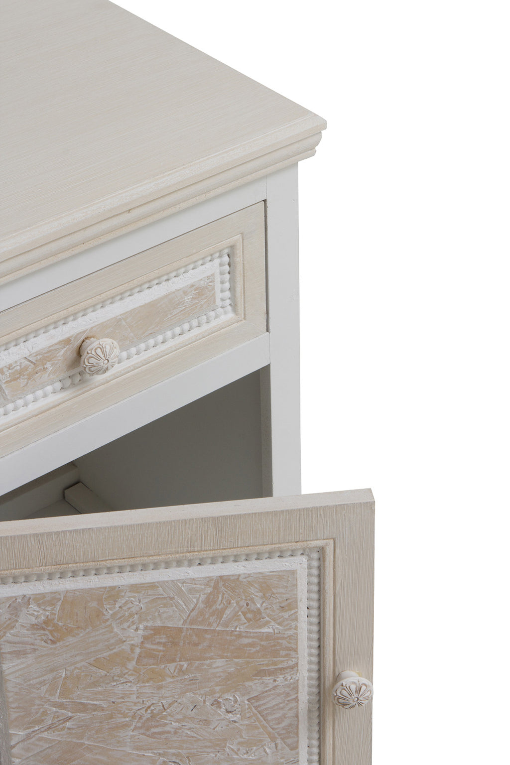 MESITA 1 CAJON+1 PUERTA MADERA BLANCO SOBRE Y FRONTIS EN CREMA