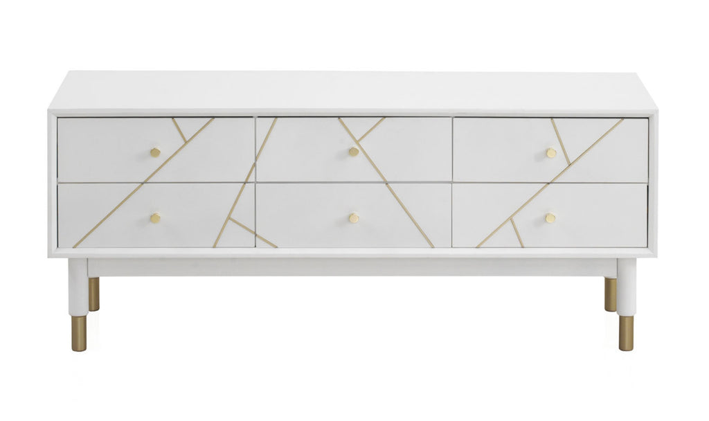 MUEBLE TV 6 CAJONES LACADO EN BLANCO CON FRONTIS DECORADO EN ORO